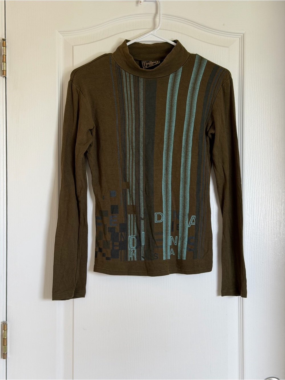 Vintage Fendi High-neck Long-sleeve Olive Green Top Y2K Graphic